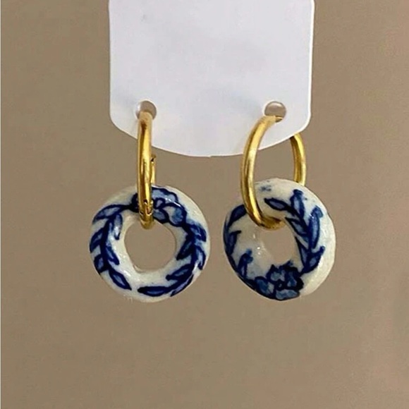 Blue White Porcelain Hoop Earrings Gold Small Hoops with Floral Ceramic Donut - Picture 5 of 5